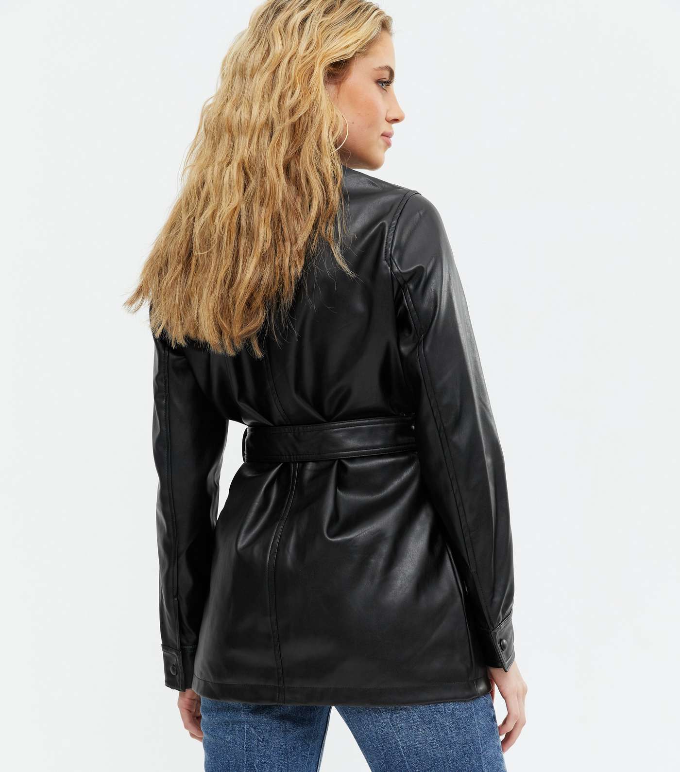 Black Leather-Look Belted Shacket  Image 4