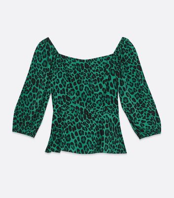 Image of Green Leopard Print Square Neck Peplum Top New Look