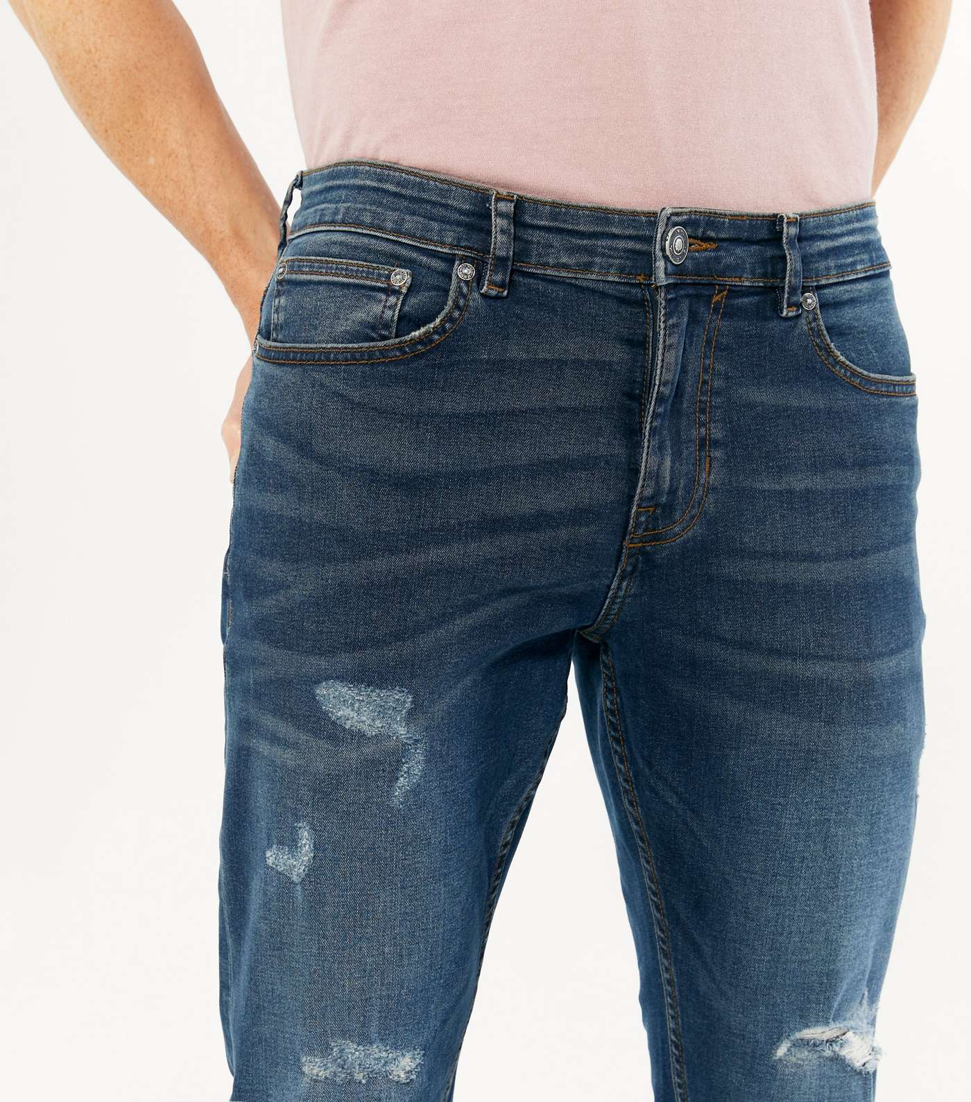 Blue Rinse Wash Ripped Slim Stretch Jeans Image 3