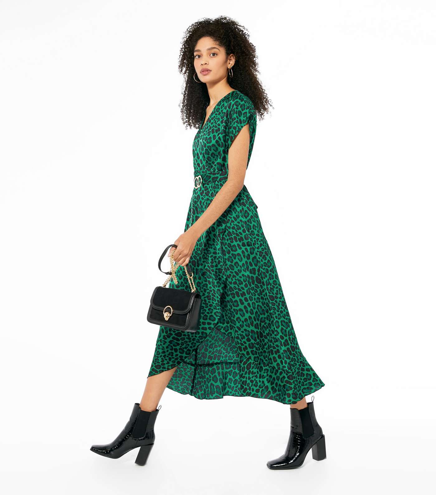 Green Leopard Print Satin Midi Dress  Image 2