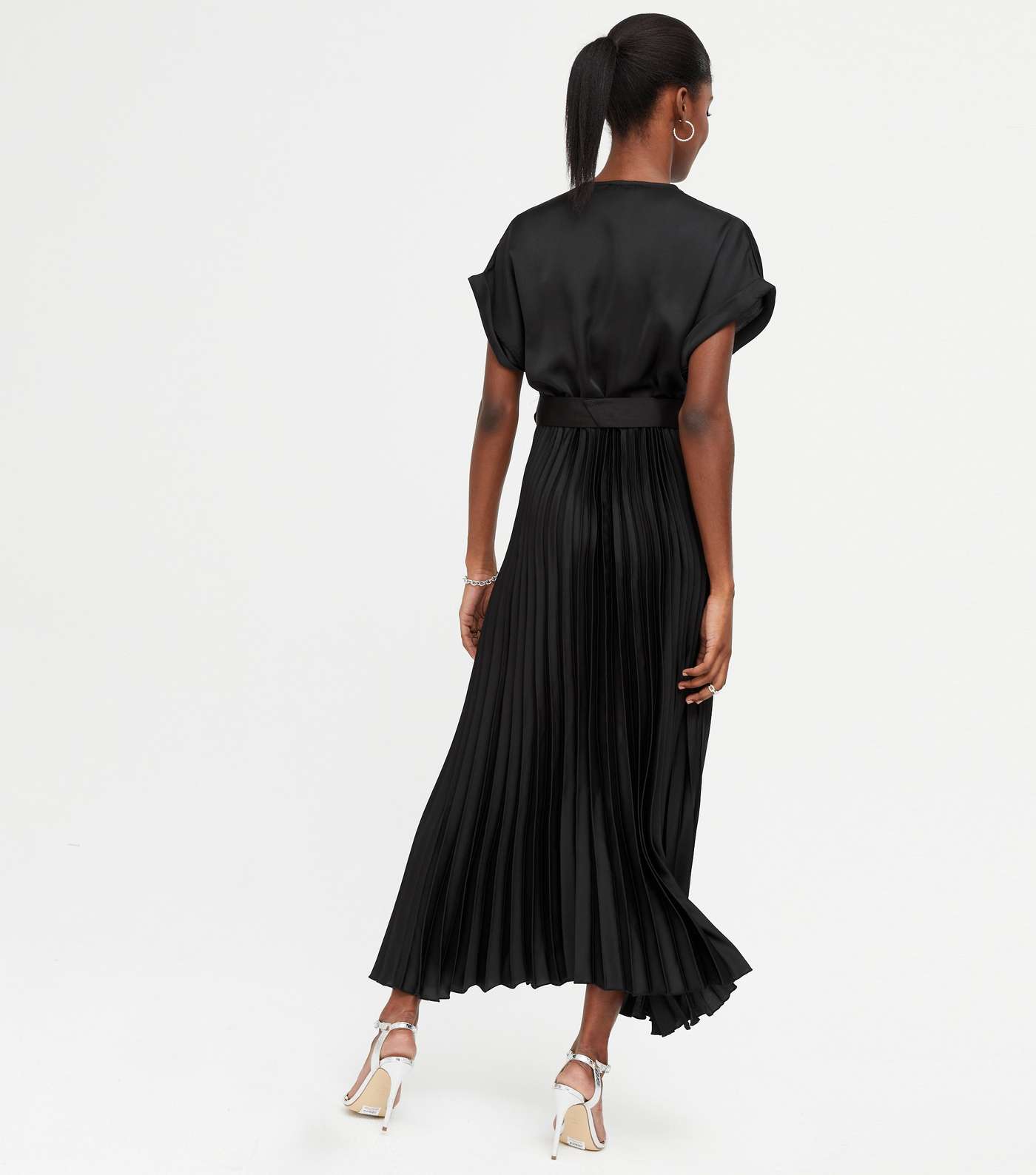 Black Satin Belted Pleated Midi Dress  Image 4