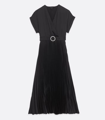 Image of Black Satin Belted Pleated Midi Dress New Look