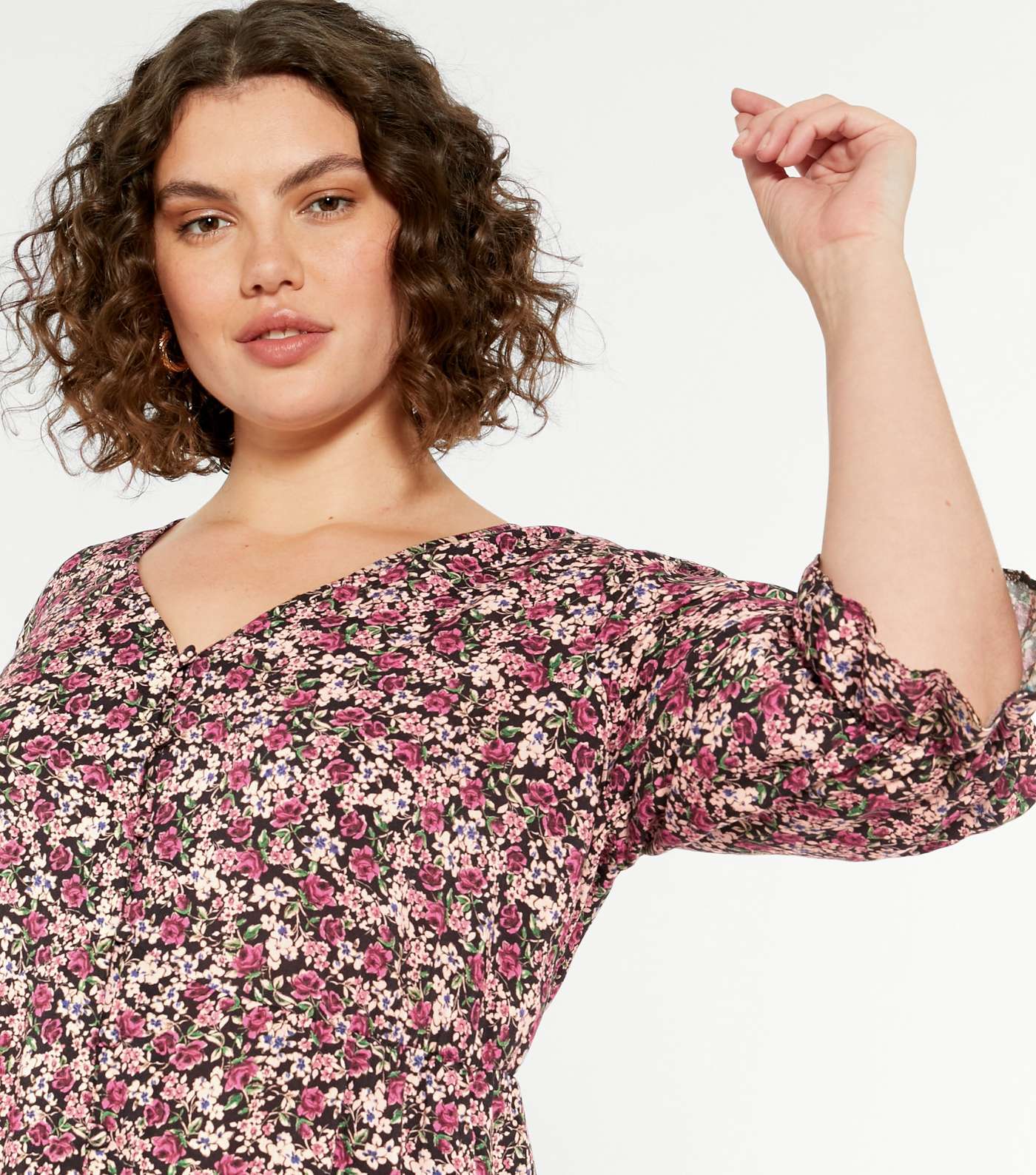 Curves Pink Floral Frill Button Top Image 4