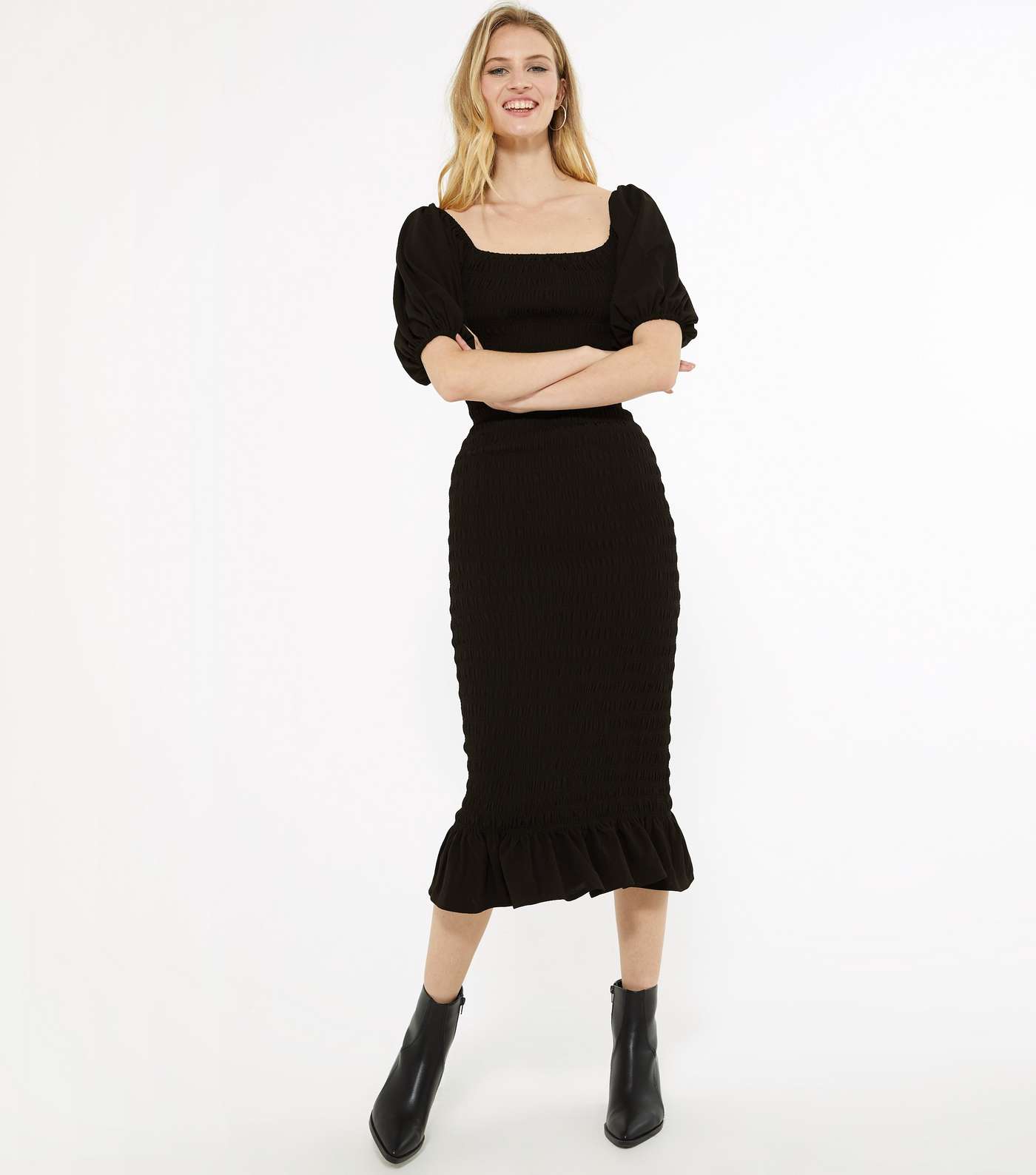 Tall Black Shirred Puff Sleeve Midi Dress
