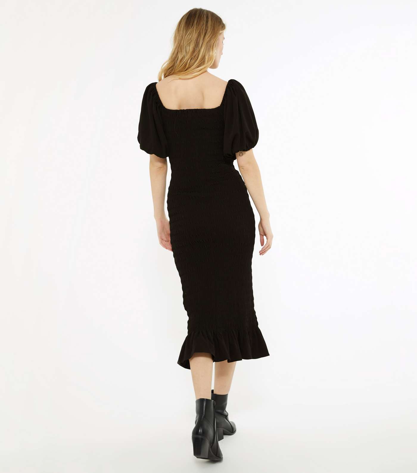 Tall Black Shirred Puff Sleeve Midi Dress Image 3