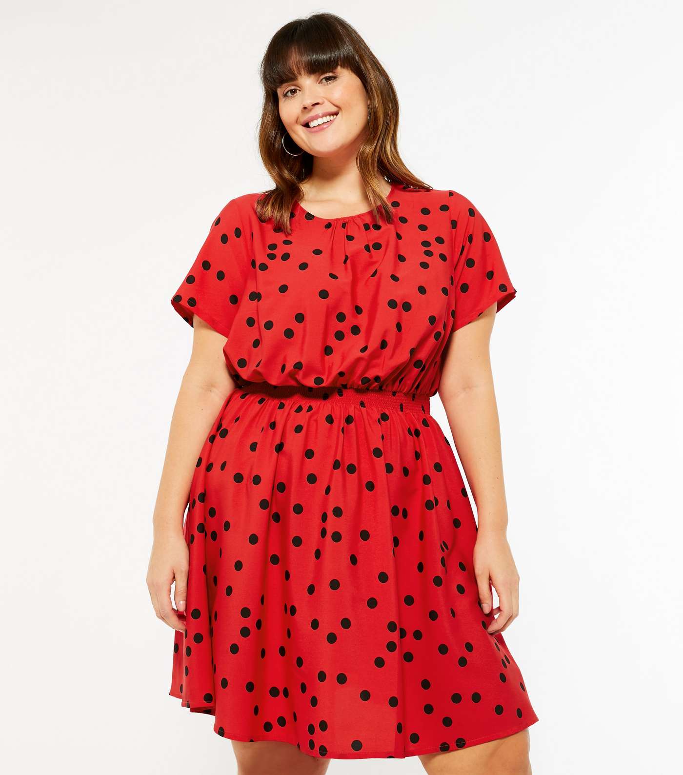 Curves Red Spot Shirred Mini Dress