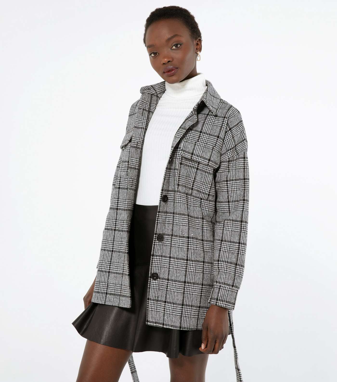 Black Check Tie Front Collared Shacket Image 2