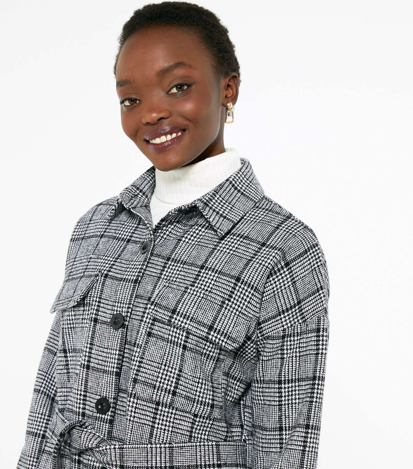 Black Check Tie Front Collared Shacket Image 4