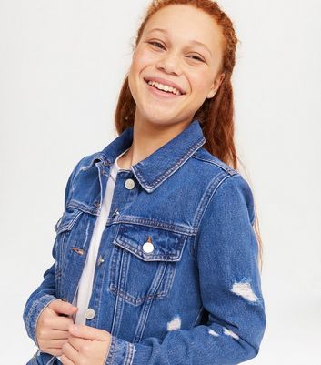 Girls Bright Blue Distressed Denim Jacket New Look