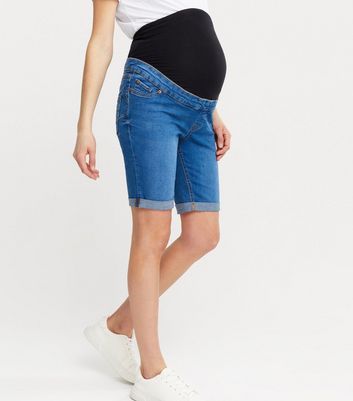 Blue Womens Clothing Shorts Jean and denim shorts New Look Maternity Denim Over Bump Shorts in Bright Blue 