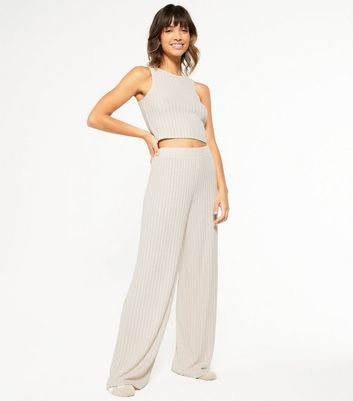 Cream Ribbed Wide Leg Lounge Trousers 