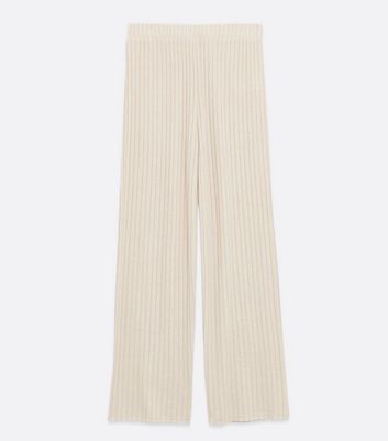 Image of Cream Ribbed Wide Leg Lounge Trousers New Look
