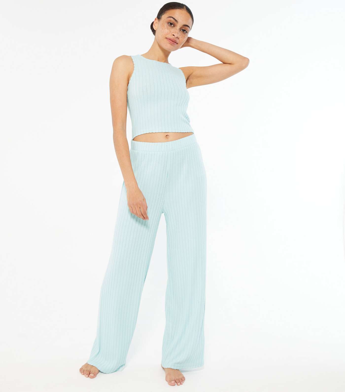 Pale Blue Cream Ribbed Wide Leg Lounge Trousers
