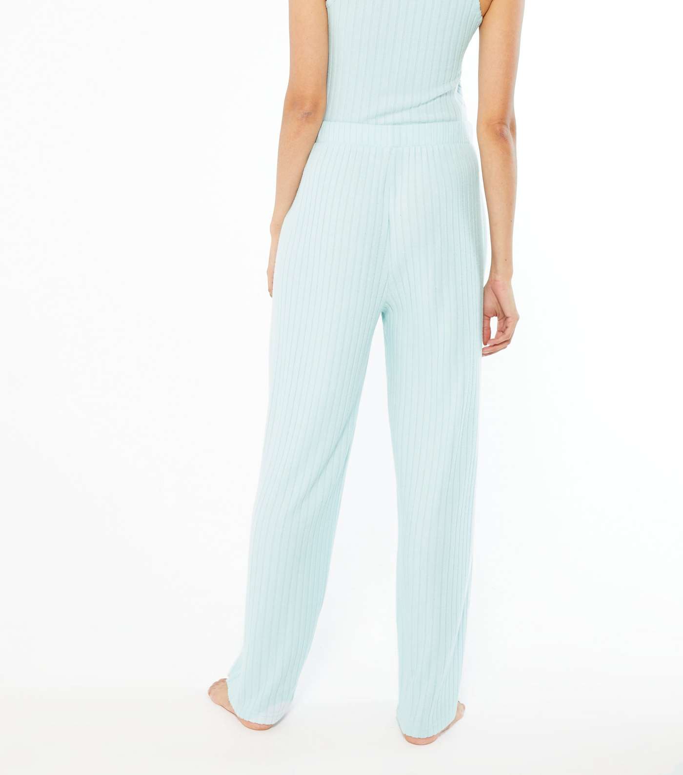 Pale Blue Cream Ribbed Wide Leg Lounge Trousers Image 3