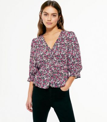 Petite Pink Floral Button Puff Sleeve Blouse | New Look