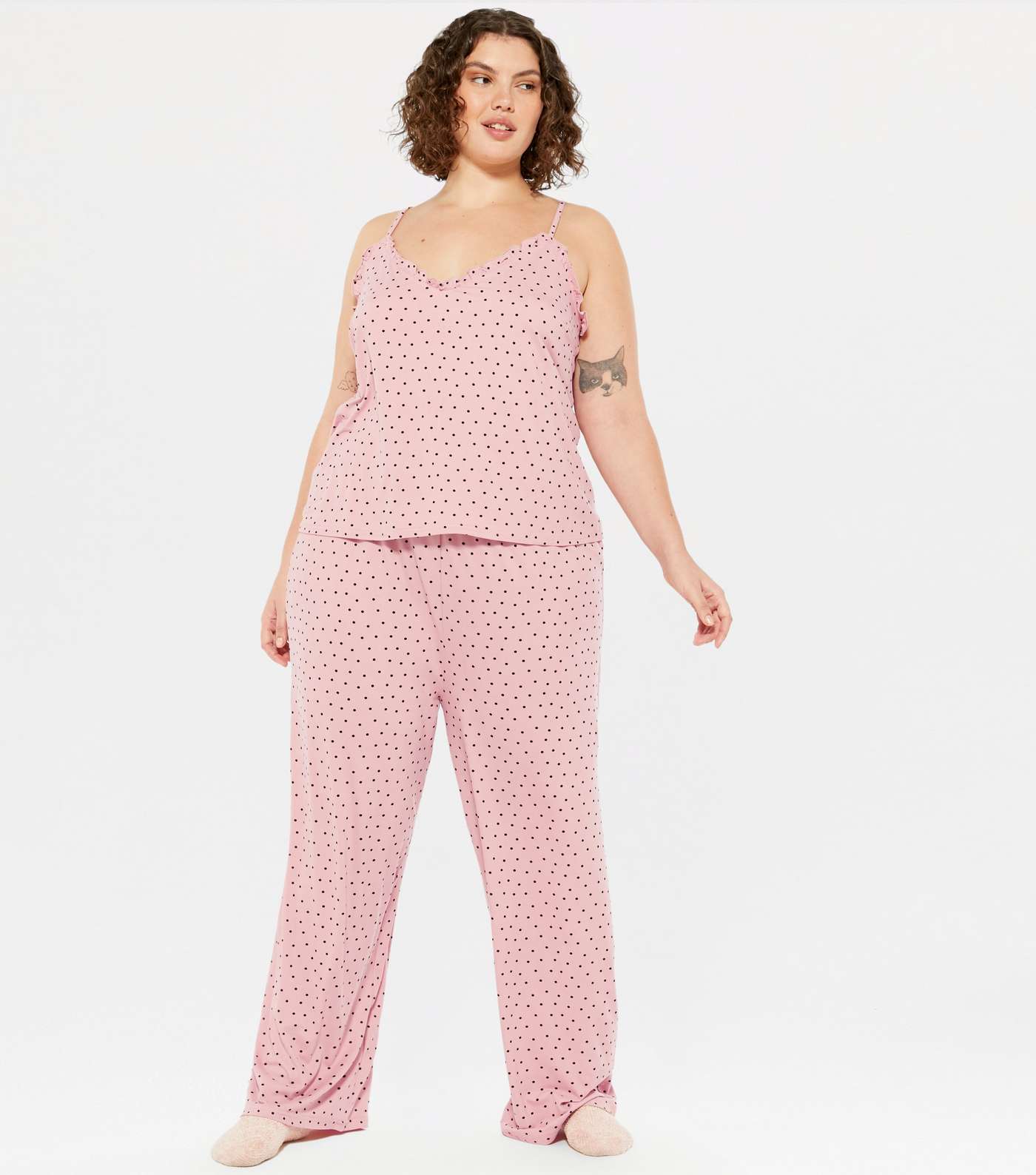 Curves Pink Spot Soft Touch Frill Trouser Pyjama Set