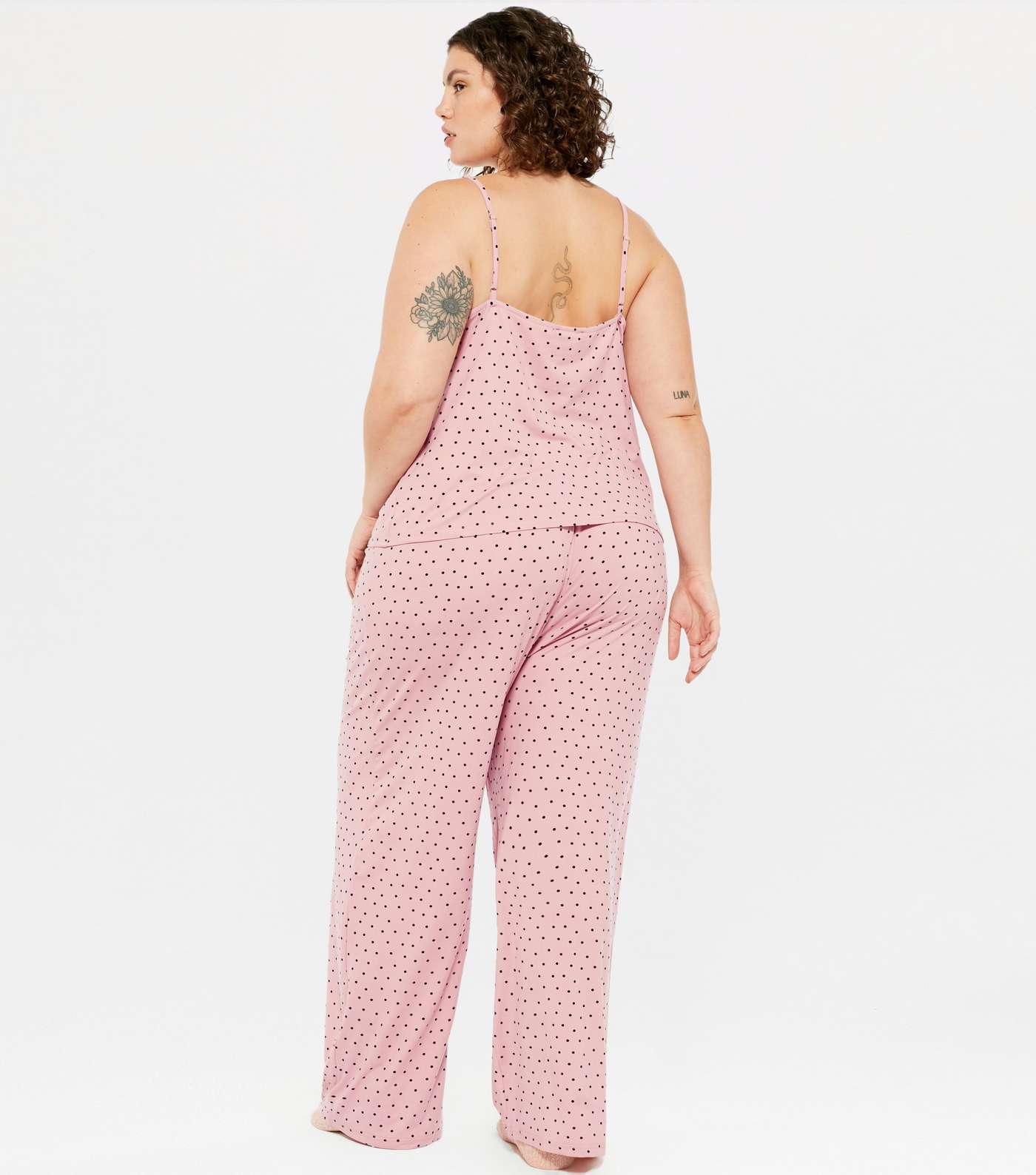 Curves Pink Spot Soft Touch Frill Trouser Pyjama Set Image 3