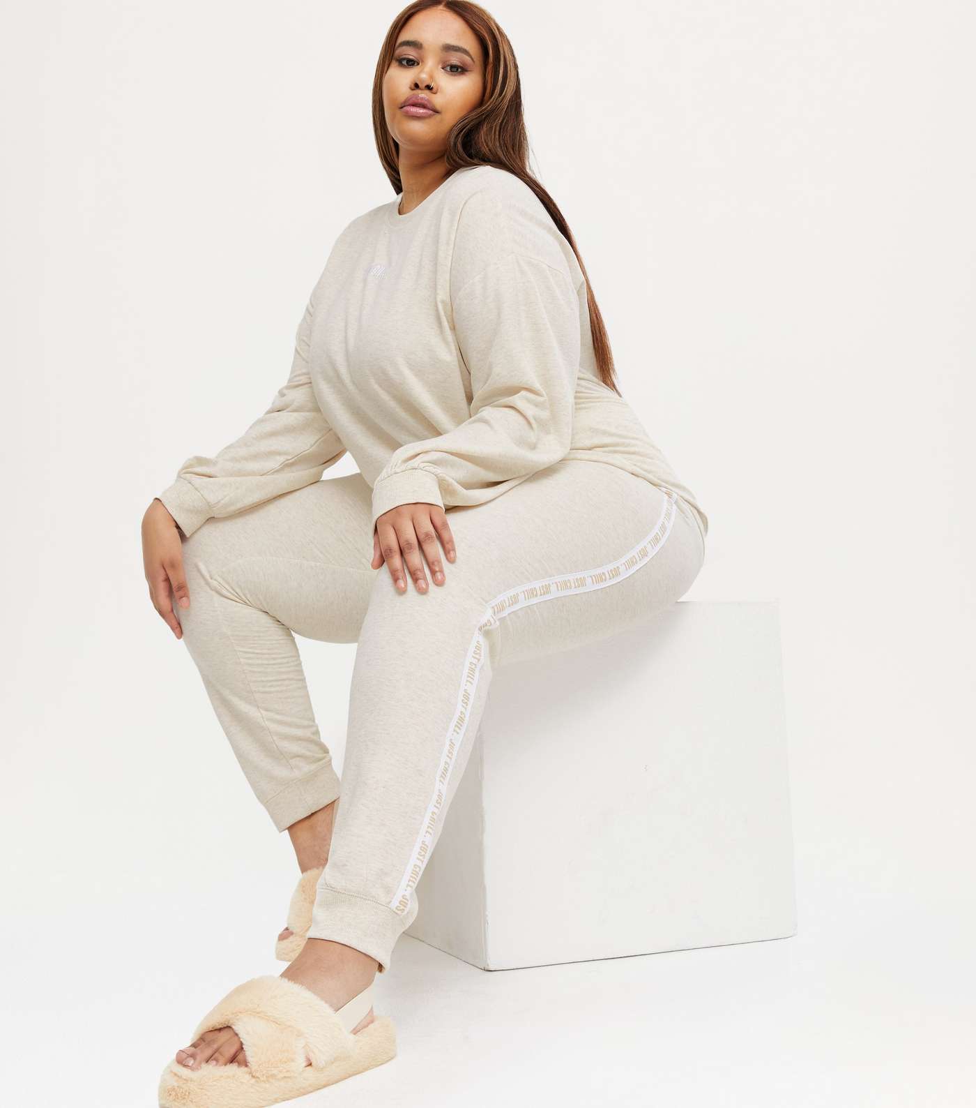 Curves Cream Just Chill Side Stripe Lounge Joggers