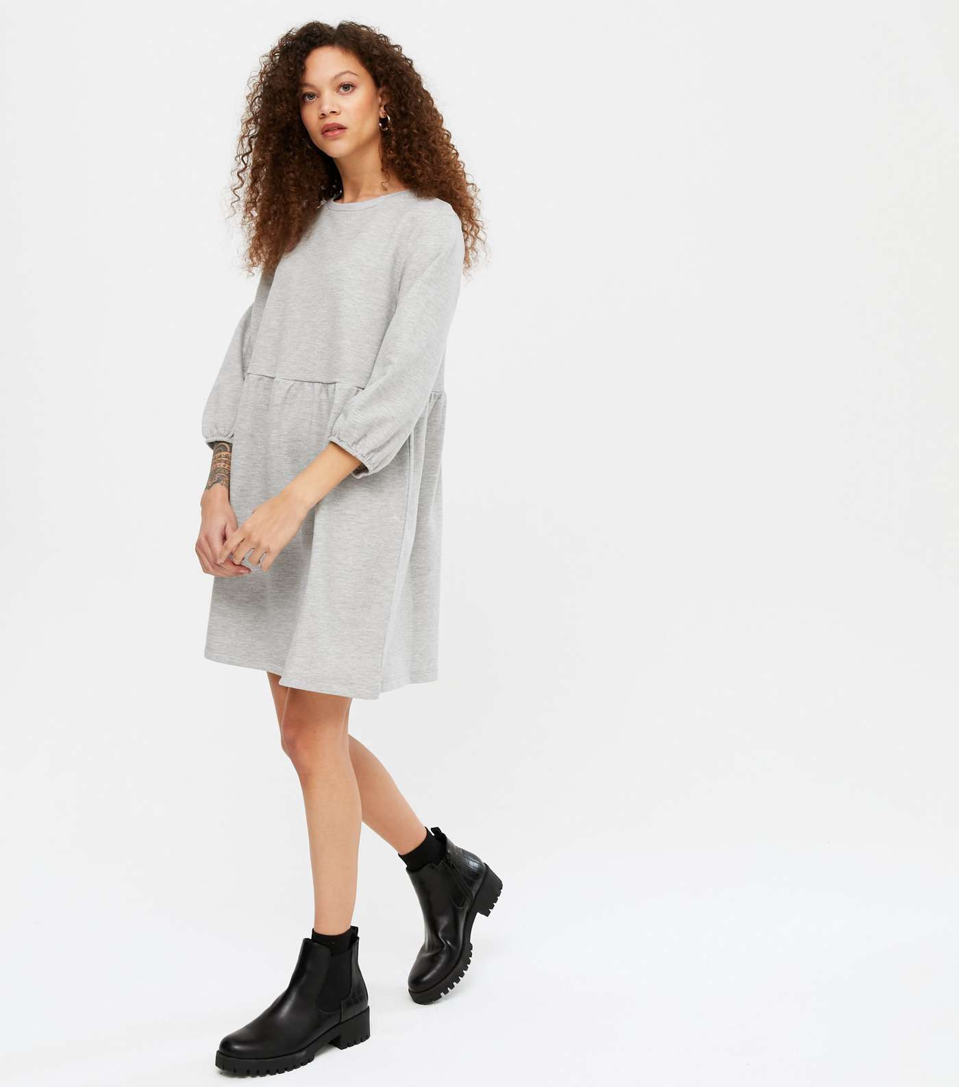 Petite Grey Puff Sleeve Sweatshirt Dress Image 2