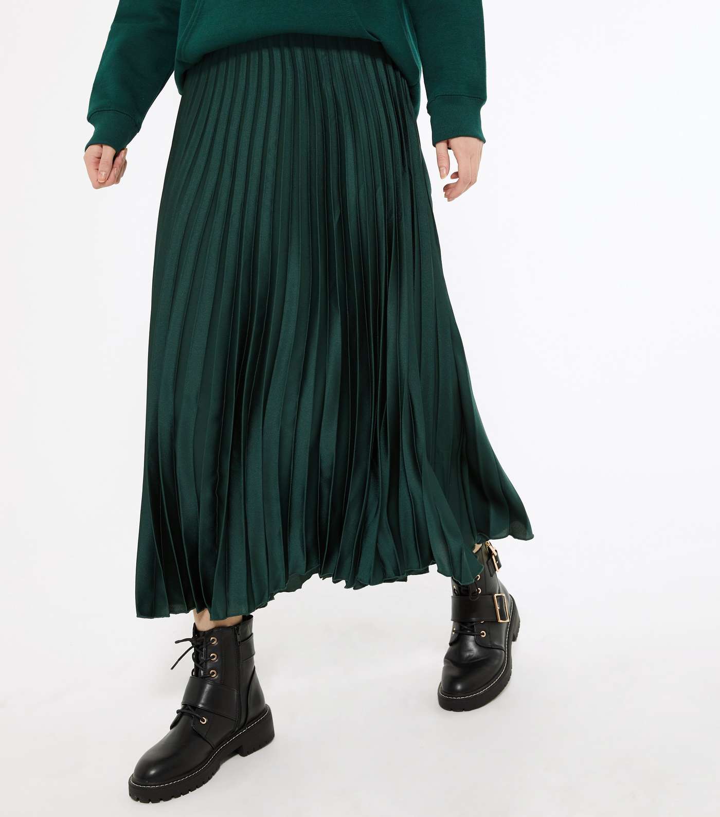 Tall Dark Green Pleated Satin Midi Skirt Image 2