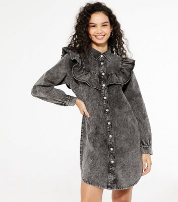 Black Acid Wash Denim Ruffle Shirt Dress New Look