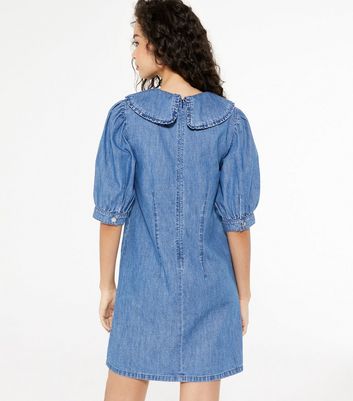 new look puff sleeve denim mini dress in ecru