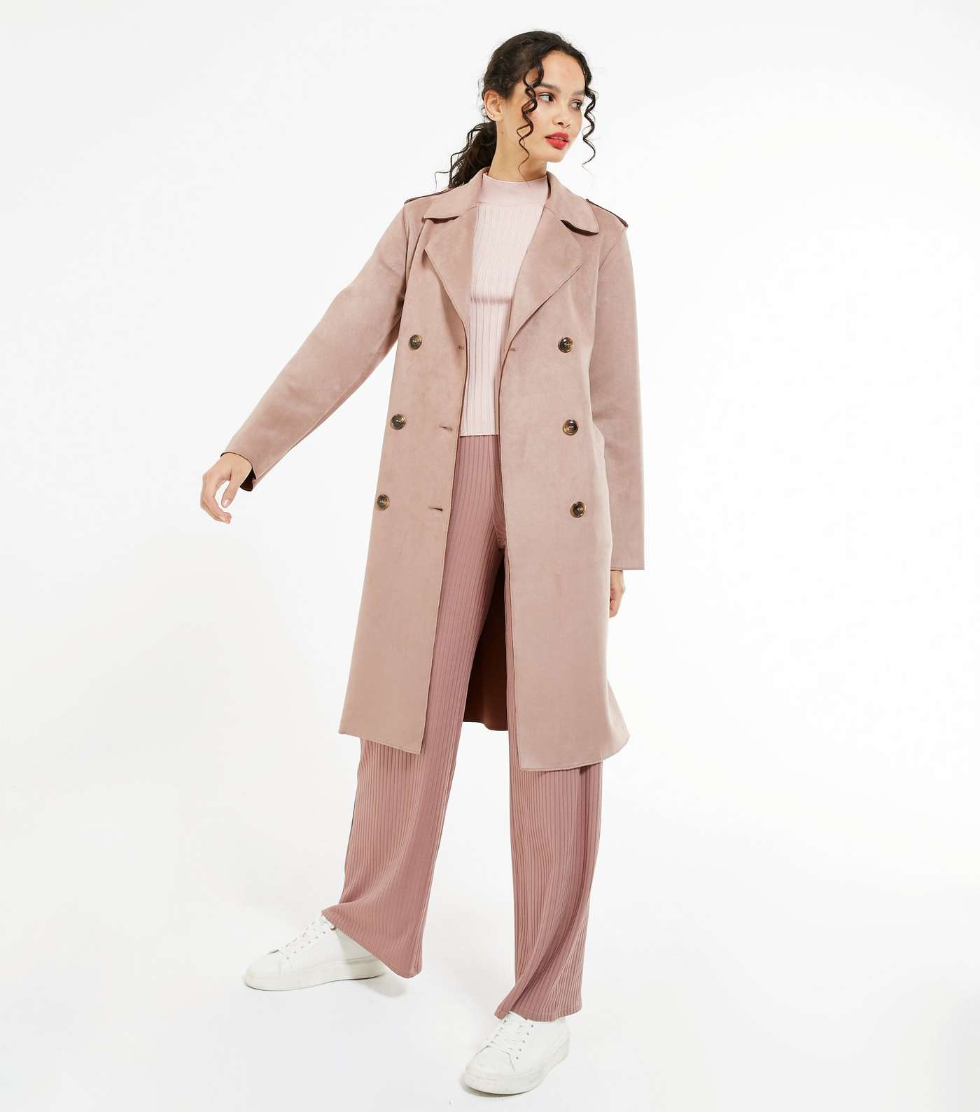 Pale Pink Suedette Belted Trench Coat Image 2