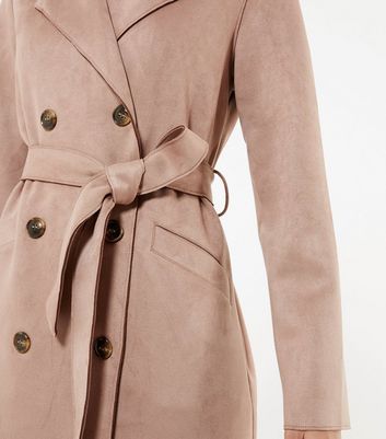 Pale Pink Suedette Belted Trench Coat 