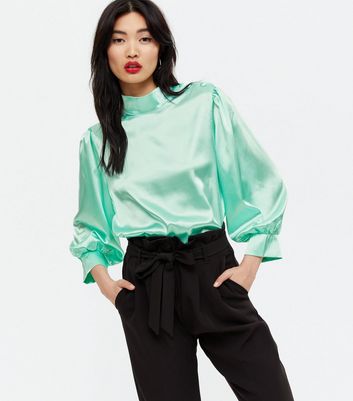 Zibi London Light Green High Neck Satin Blouse