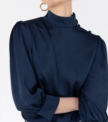 Zibi London Navy High Neck Satin Blouse 
