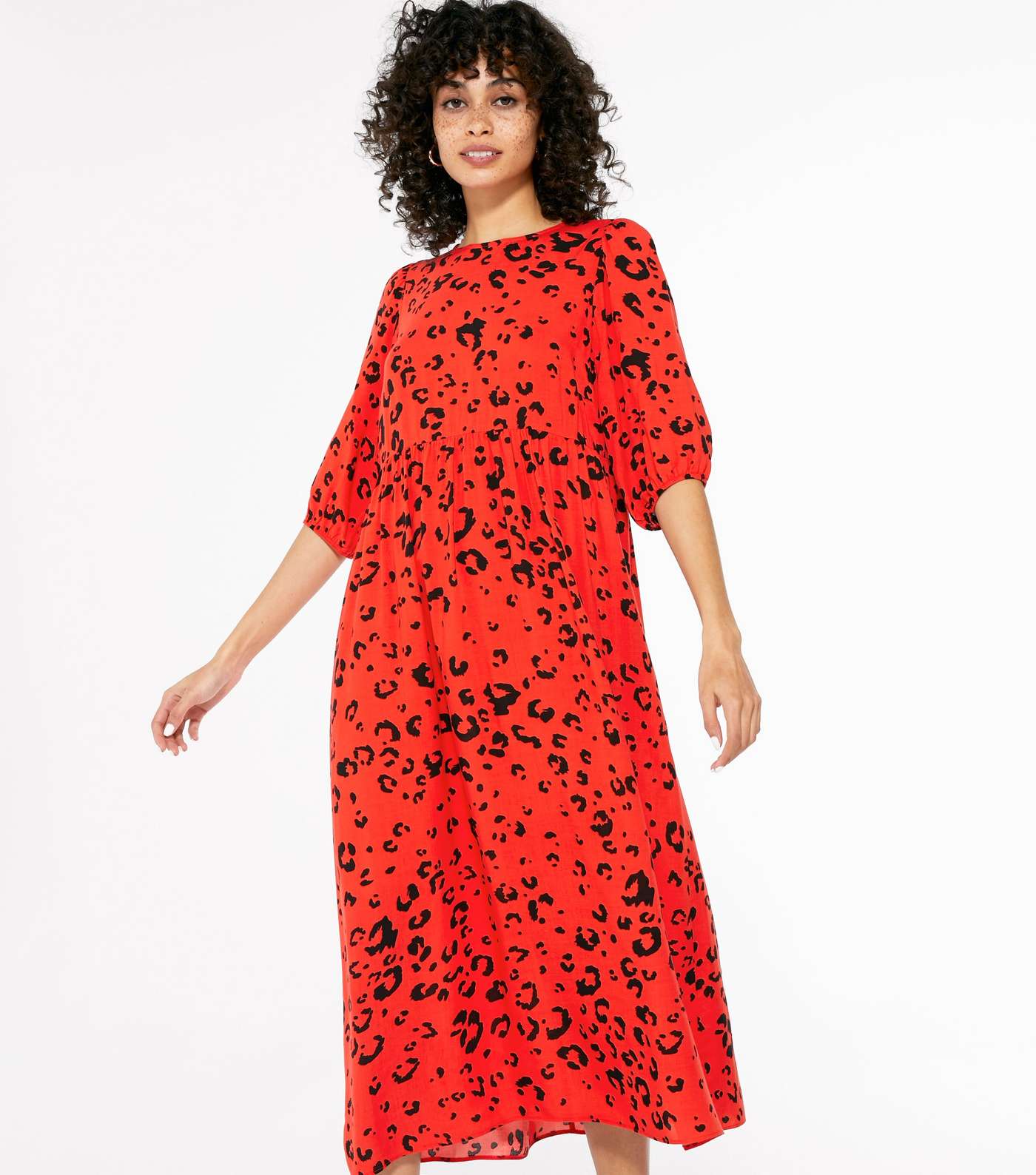 Red Leopard Print Smock Midi Dress 