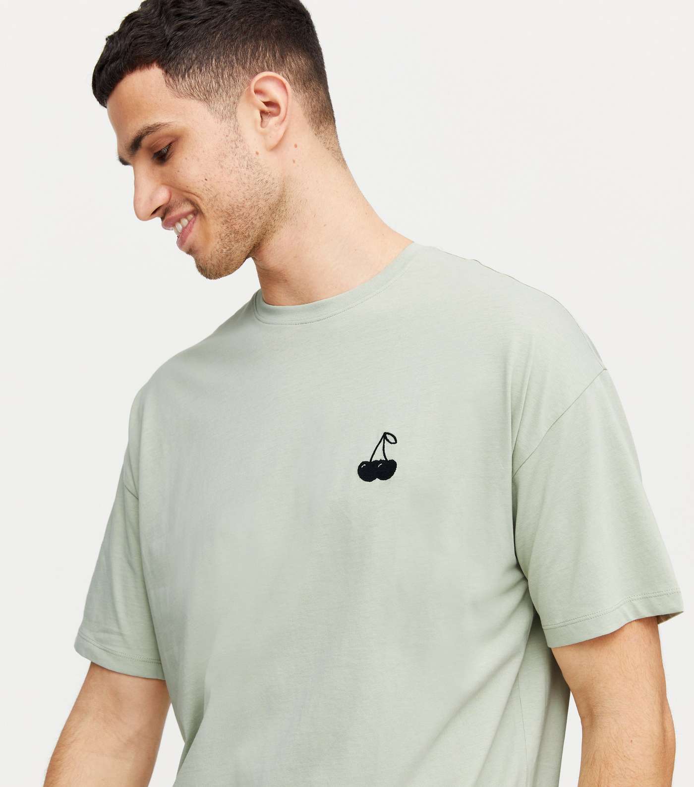 Light Green Cherry Embroidered Oversized T-Shirt Image 3