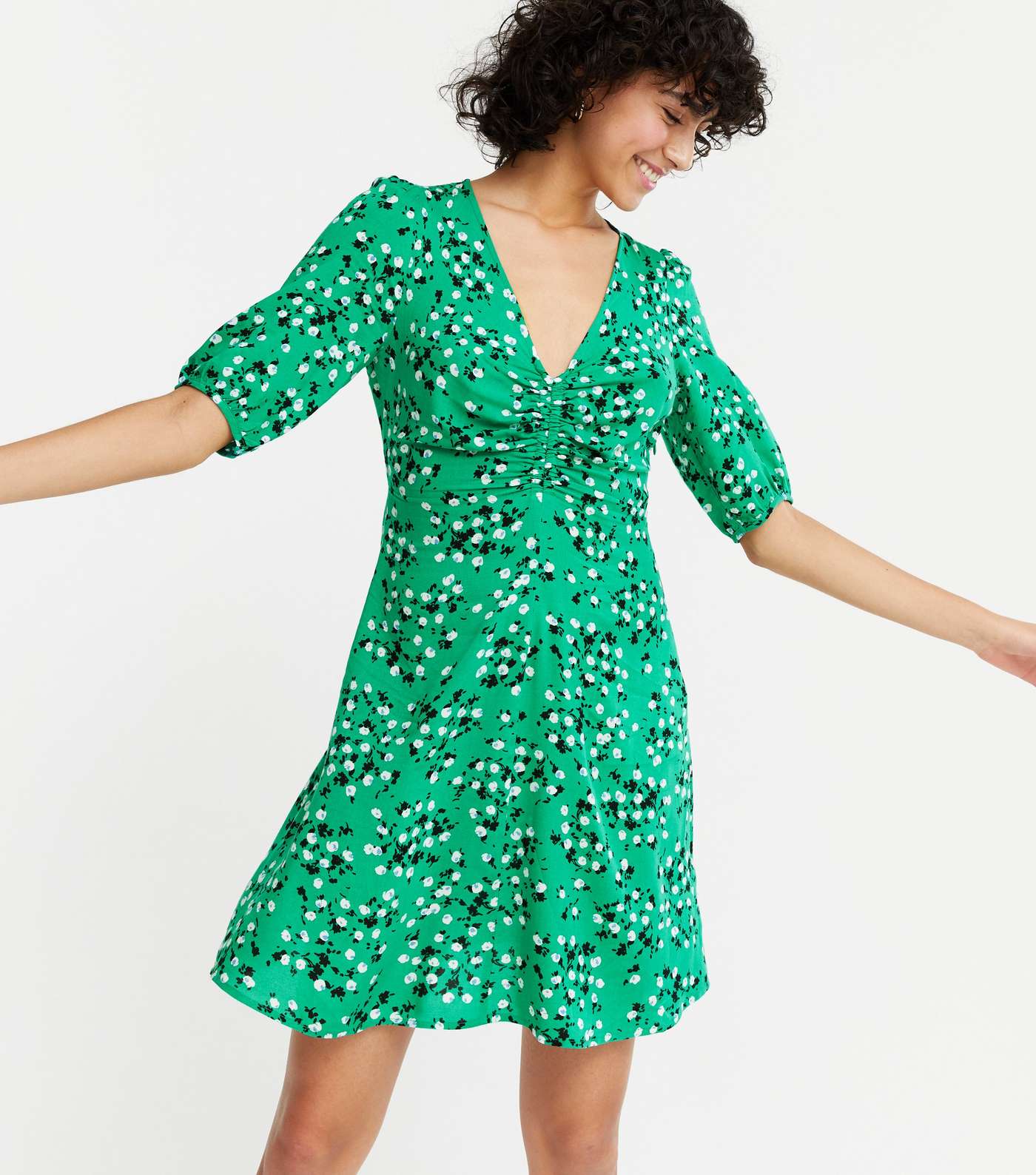 Green Ditsy Floral Ruched Mini Dress