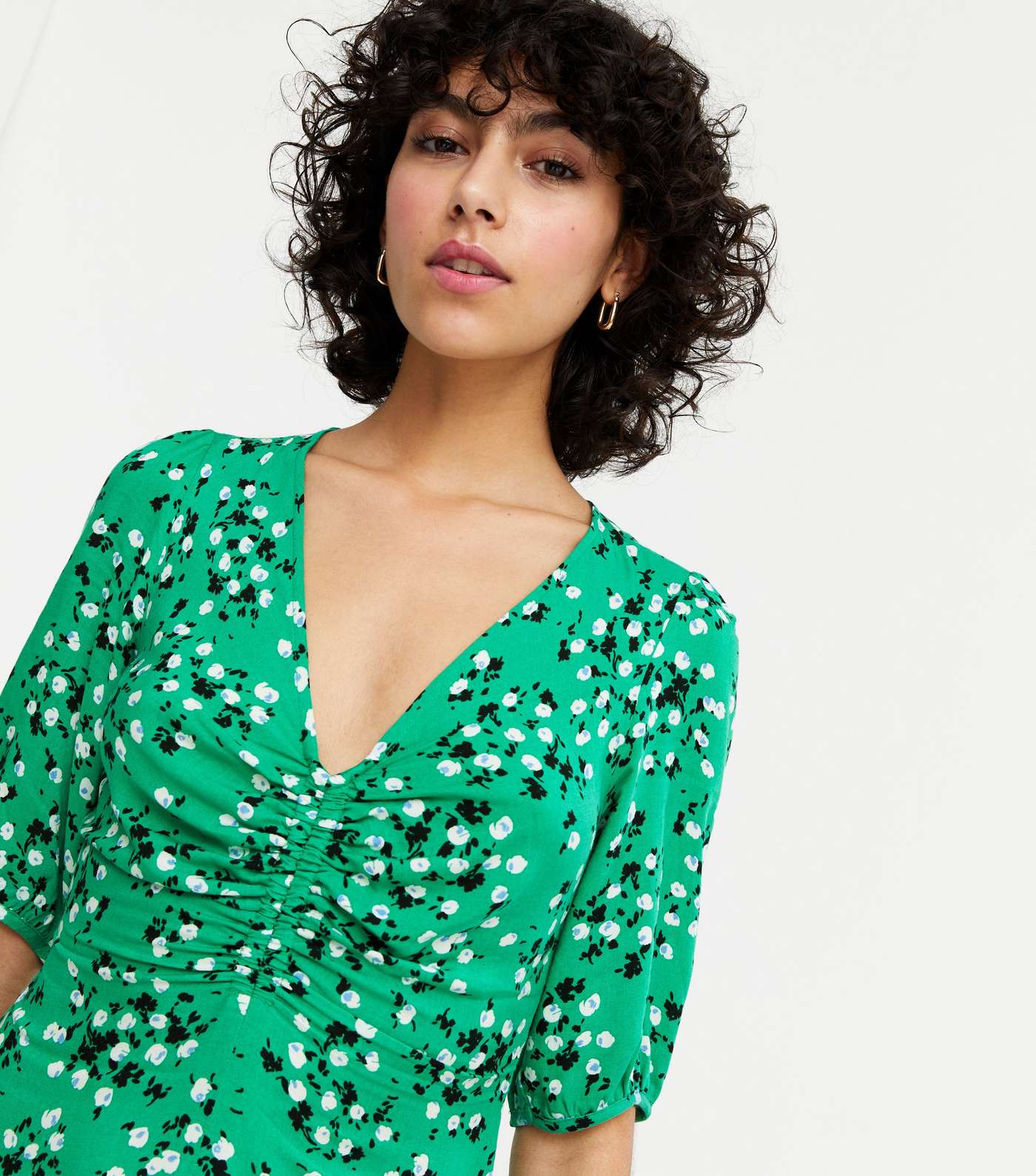 Green Ditsy Floral Ruched Mini Dress Image 3