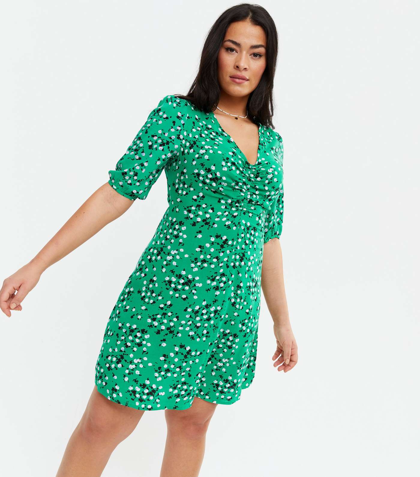 Green Ditsy Floral Ruched Mini Dress Image 5