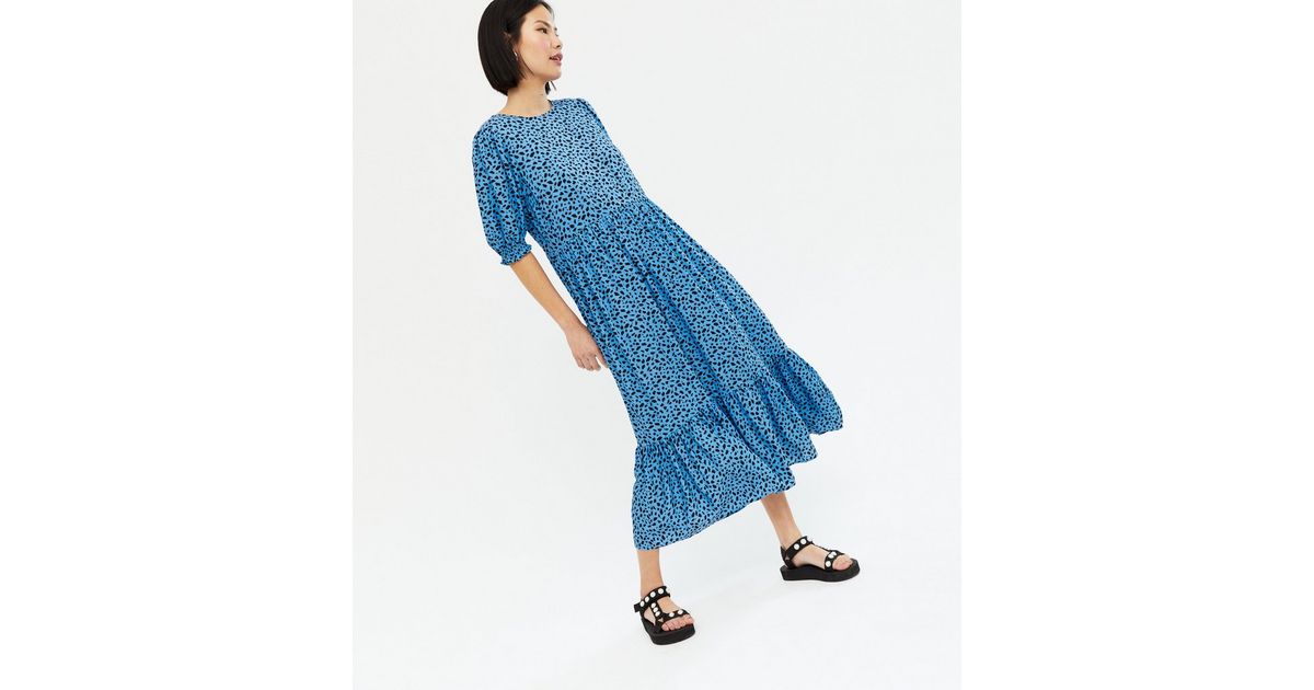 Blue Leopard Print Frill Tiered Smock Midi Dress | New Look