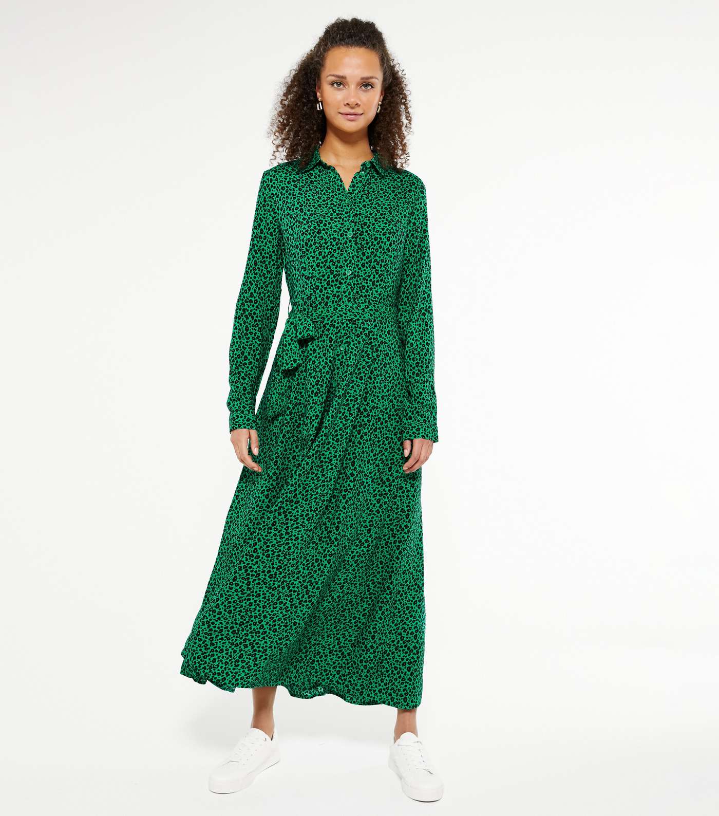 Green Animal Print Long Sleeve Midaxi Dress