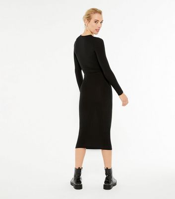 Black Ribbed Tie Waist Midi Dress | New 
