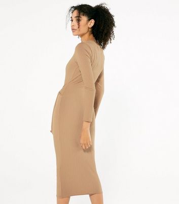 Camel Ribbed Tie Waist Midi Dress | New 