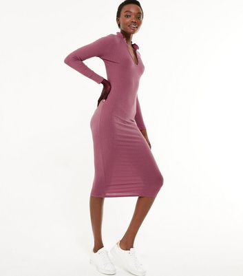 Pink Frill Ribbed Midi Dress | New Look