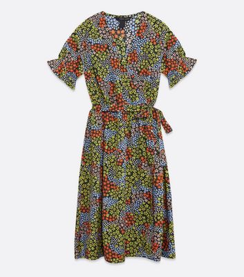 Image of Black Floral Ruffle Wrap Dress New Look