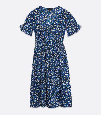 Image of Blue Floral Wrap Midi Dress New Look