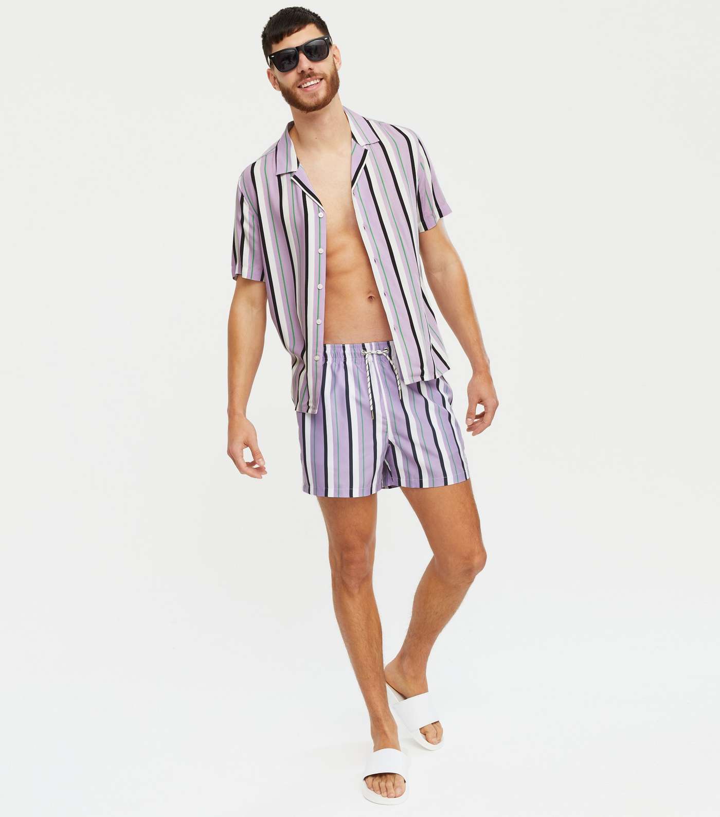 Light Purple Stripe Drawstring Swim Shorts
