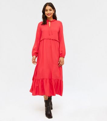 Bright Pink Frill Tie High Neck Smock Midi Dress | New Look