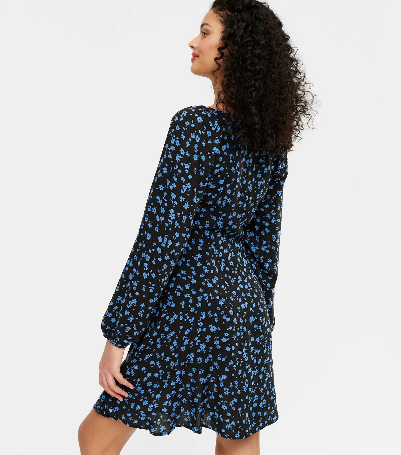 Blue Ditsy Floral Ruched Button Mini Dress Image 3
