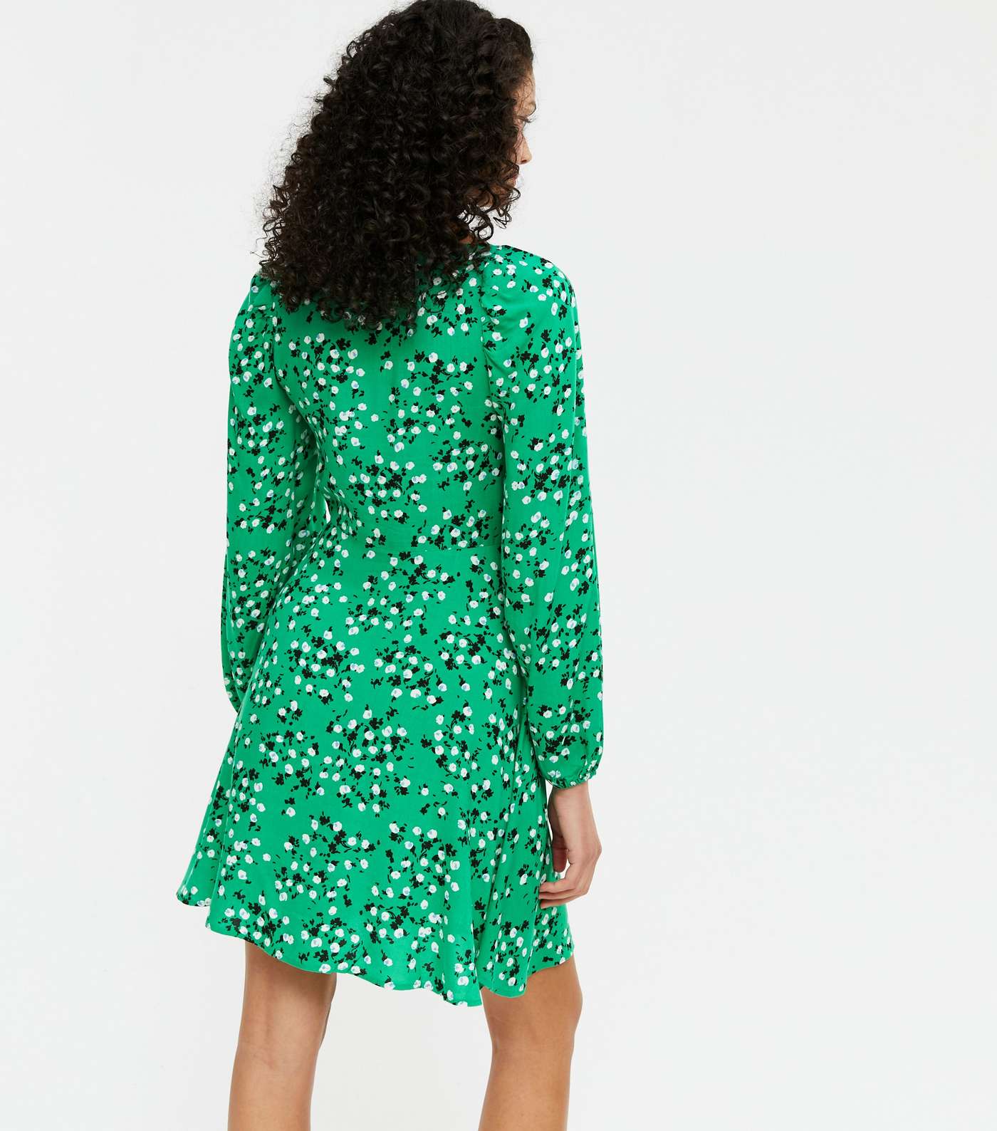 Green Ditsy Floral Ruched Button Mini Dress Image 3