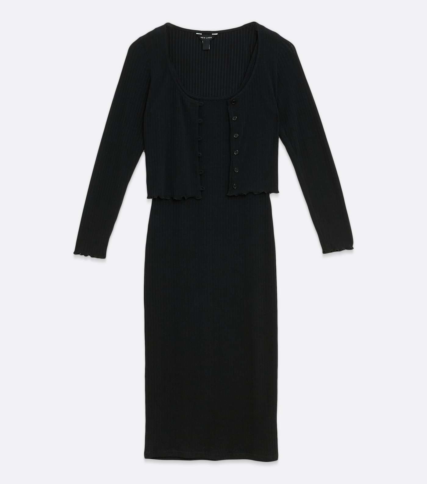 Black Ribbed Cardigan And Midi Dress Set Image 7