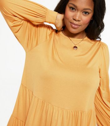 Curves Mustard Long Sleeve Tiered Peplum Top New Look