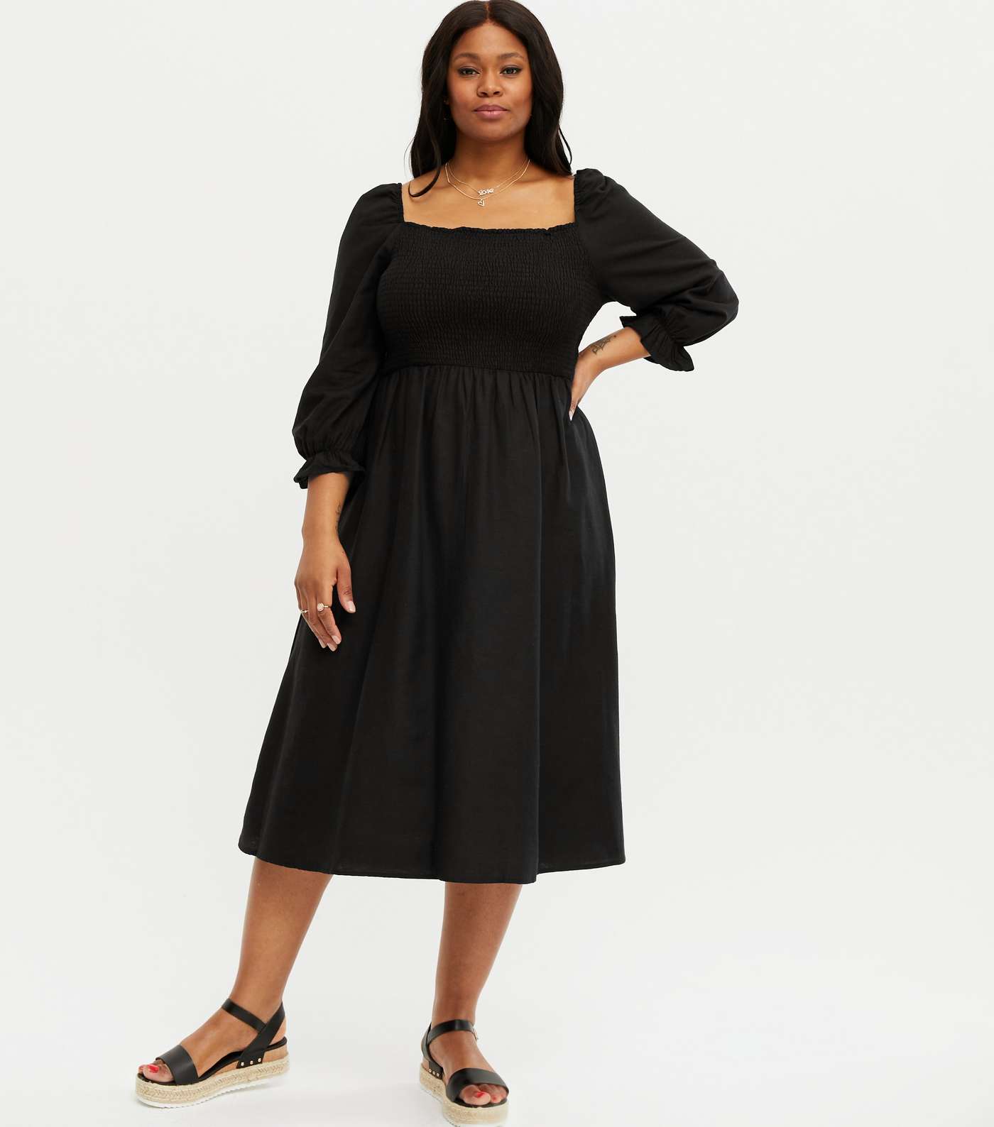 Curves Black Shirred Puff Sleeve Midi Dress