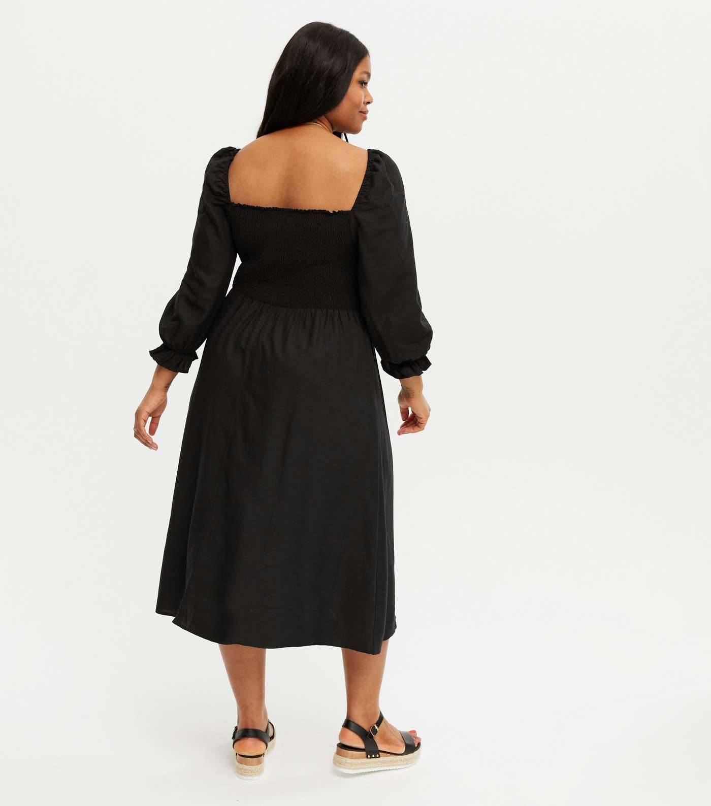 Curves Black Shirred Puff Sleeve Midi Dress Image 3
